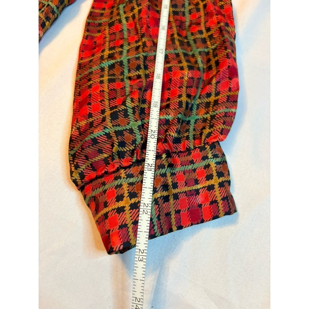 Silk Land Plaid Blouse Women Large Red 100% Pure Silk Long Sleeve Vintage Top - Picture 8 of 8
